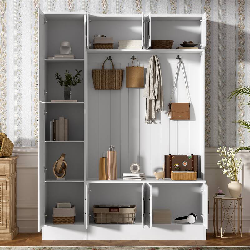 79" Tall Modern Hall Tree with 6 Cabinets, 4 Coat Hooks & Adjustable Shelf - 4-in-1 Entryway Storage Bench