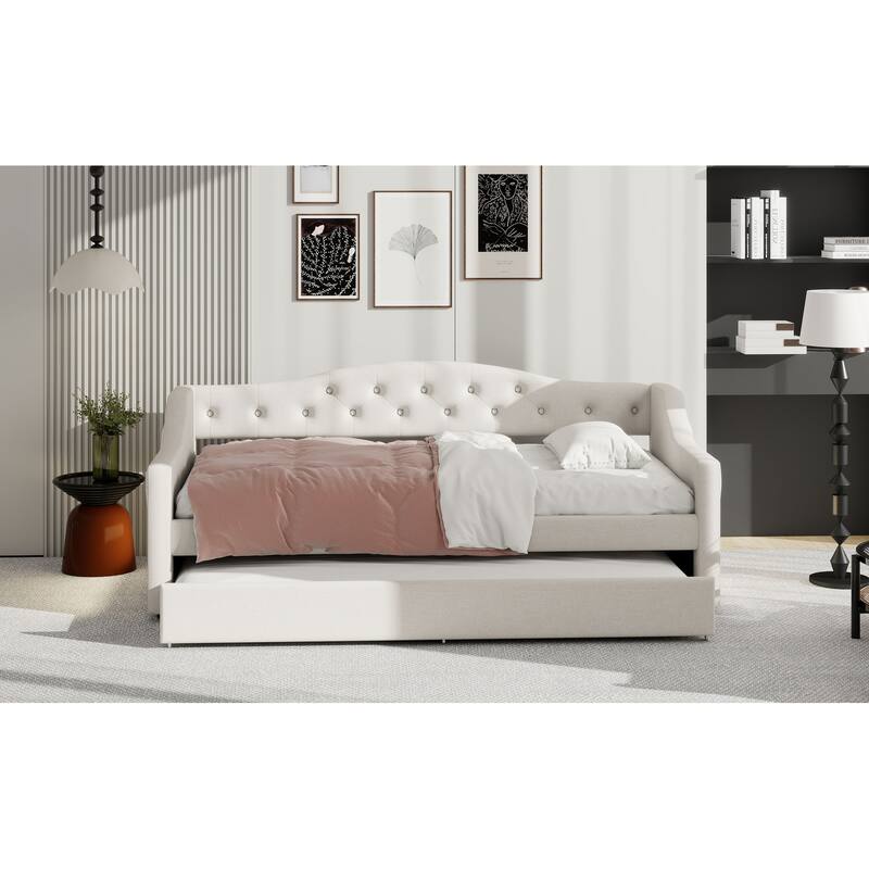 Upholstered Twin XL Daybed with LED Lighting and Trundle, Beige