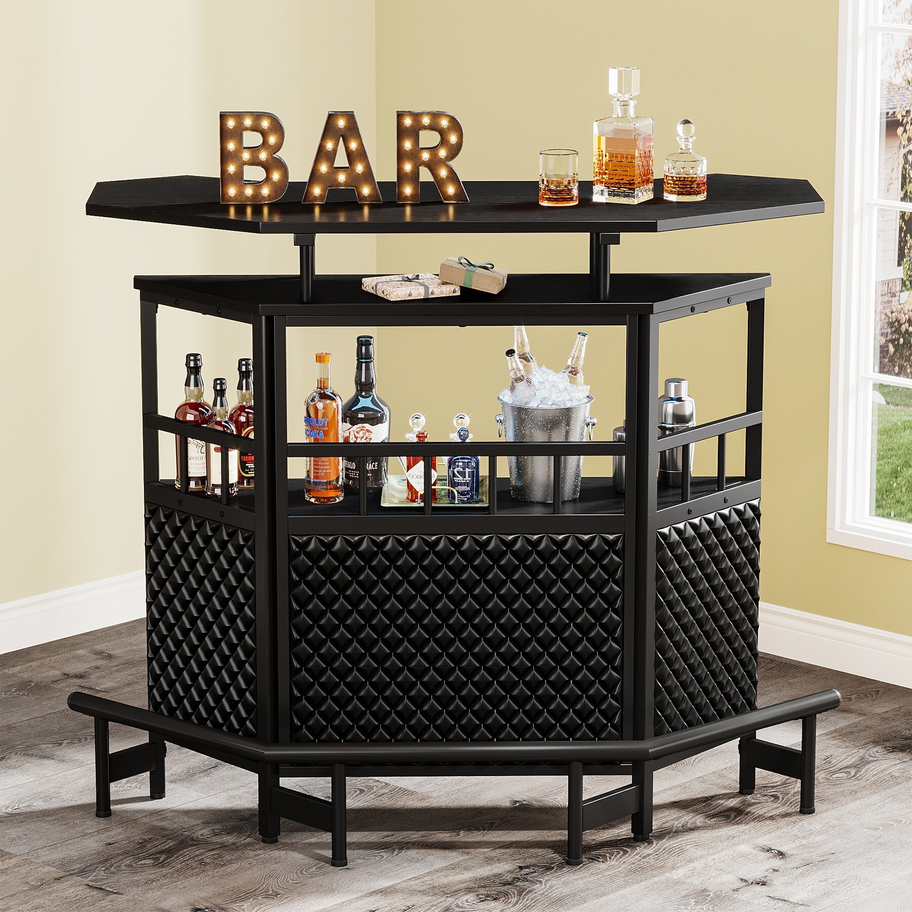 Bar Unit for Liquor, Corner Mini Bar Table with Wine Glass Holder