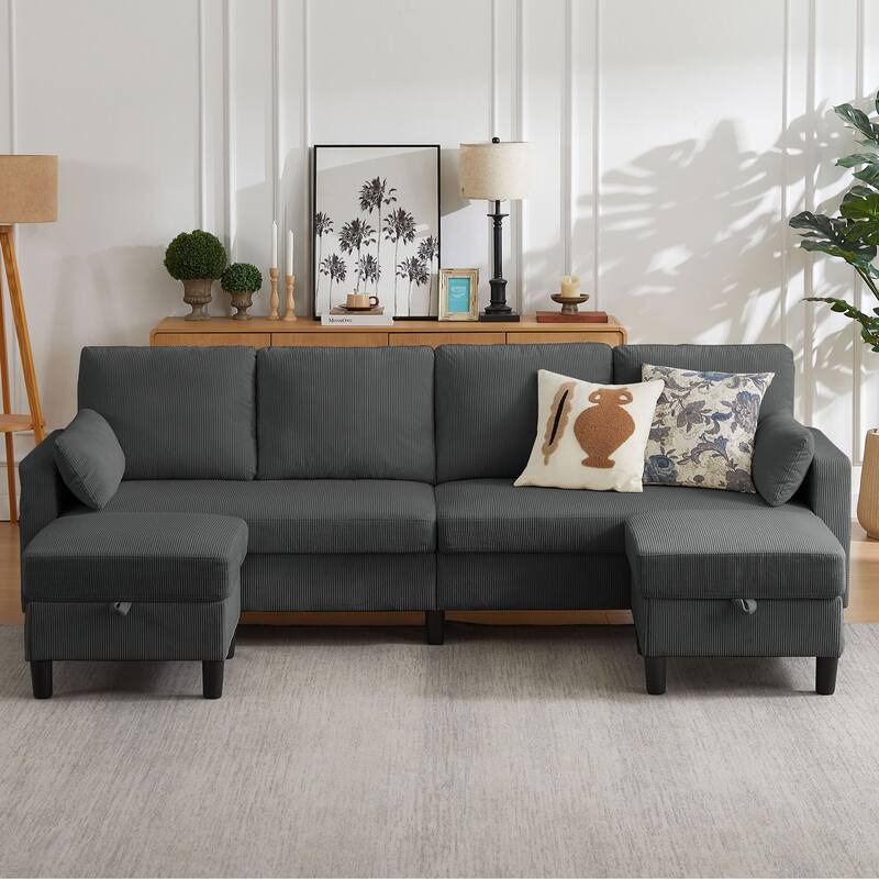 101" Corduroy U Shaped Sectional Sofa with Storage Ottoman - Dark Grey - U Shaped