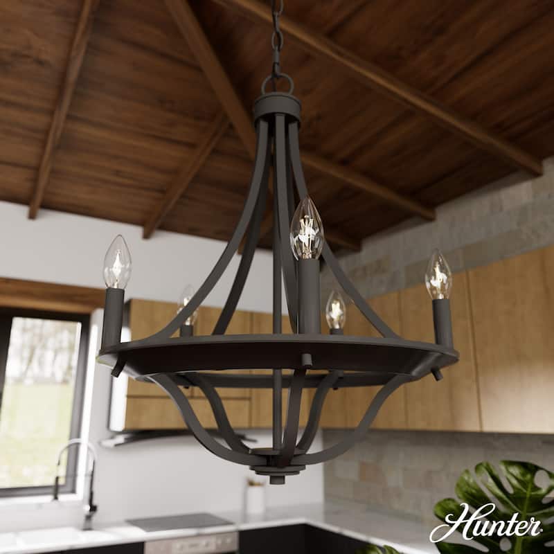 Hunter Perch Point Chandelier, Wheel, Candle, Dining Room, Entry, Modern Rustic, Industrial - 18" 5 Light - Noble Bronze