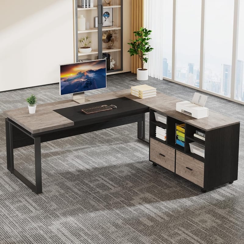 63" L-Shaped Executive Desk Reversible File Cabinet Combo, Office Computer Desk Set with Storage Drawers