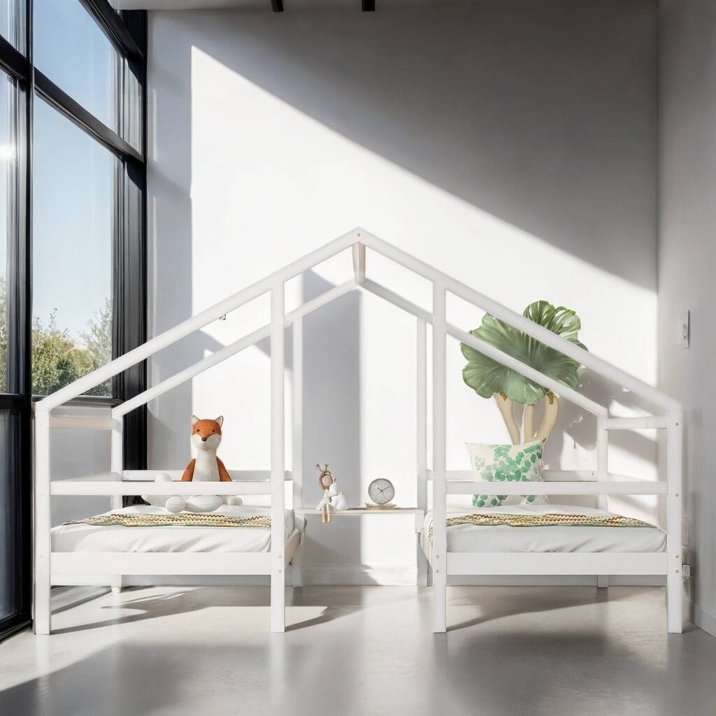 2 in 1 Kids Bed Double Twin Size Triangular Platform House Beds with Built-in Table, White