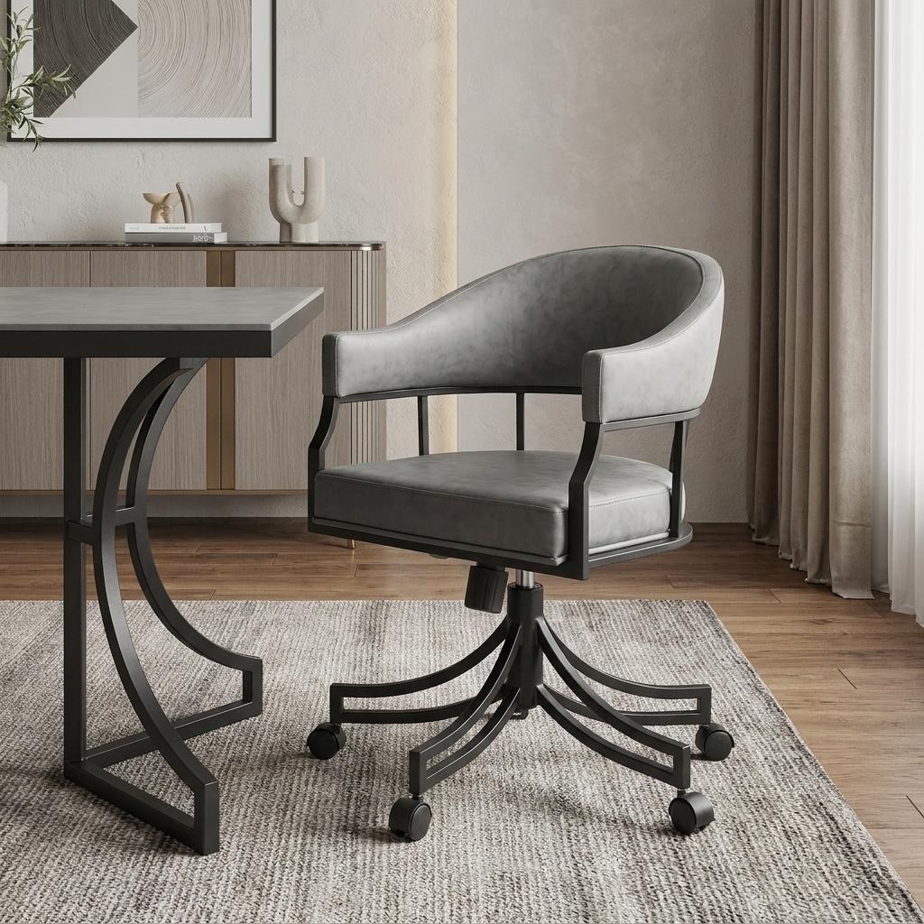 HomeRoots Gray And Black Upholstered Faux Leather Open Back Dining Arm Chair With Wheels - 23.00 in. x 30.50 in. x 22.00 in.