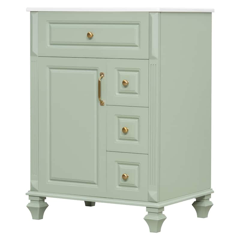 24"Bathroom Vanity with Sink, Freestanding Vanity Cabinet with Flip-Out Drawer, 3 Drawers & Storage Cabinet, Ceramic Sink Top