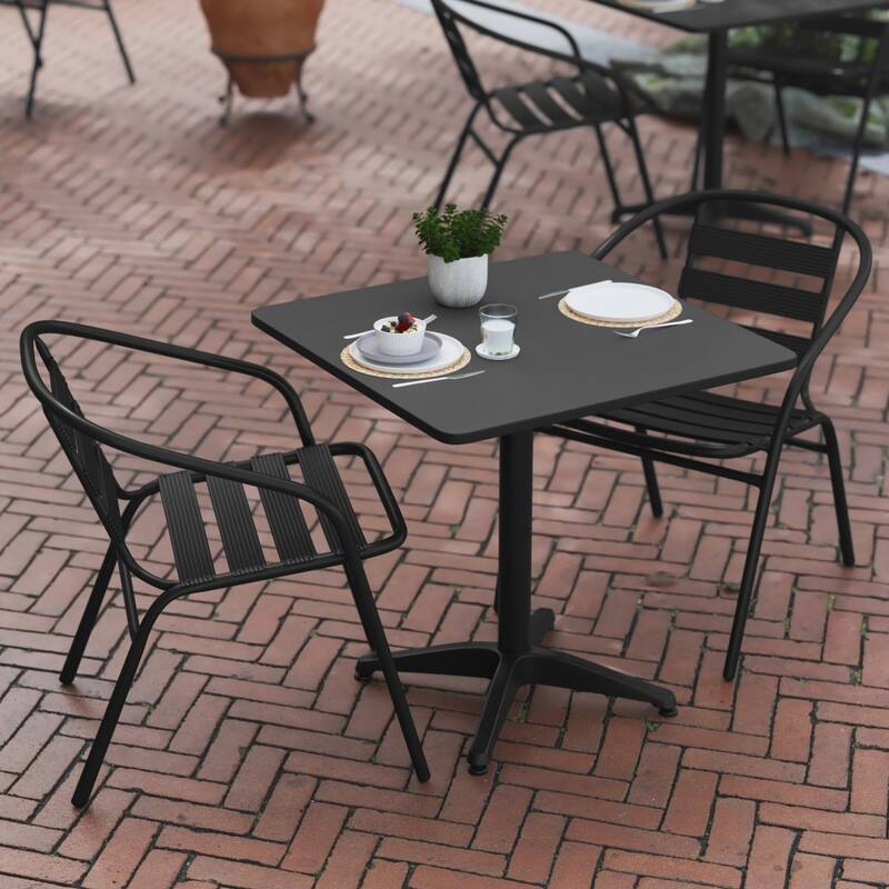 27.5" Square Aluminum Indoor-Outdoor Table Set with 2 Slat Back Chairs