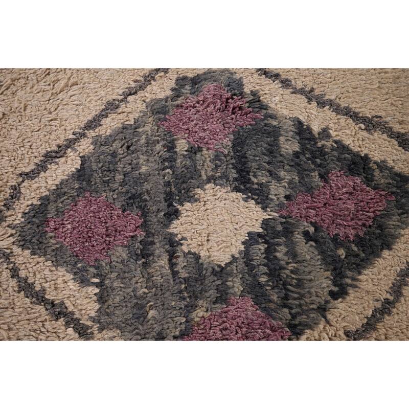 Geometric Plush Moroccan Area Rug Handmade Beige Wool Carpet - 6'9" x 10'4"