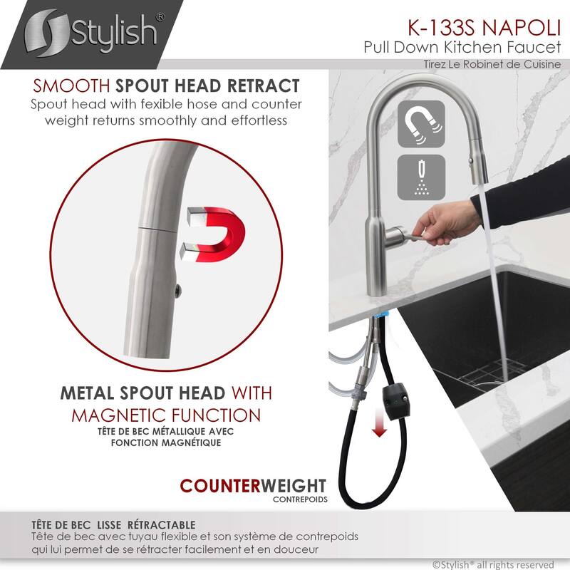 STYLISH Kitchen Sink Faucet Single Handle Pull Down Dual Mode in Stainless Steel