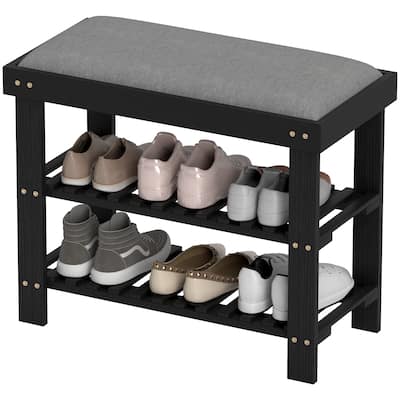 Wicker Two-Tier Storage Shoe Bench with Linen Cushion and Entryway Seating for Home and Hallway - 23.6" W x 11.4" D x 19.3" H