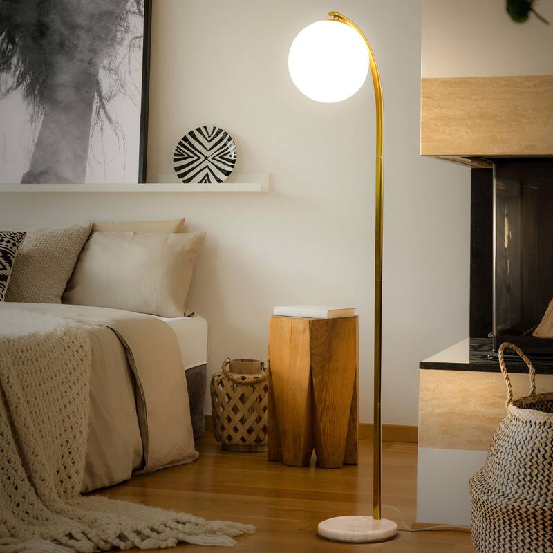 Brightech Luna Drop 75 in. Antique Brass Modern LED Super Bright Floor Lamp with Frosted White Glass Globe Shade