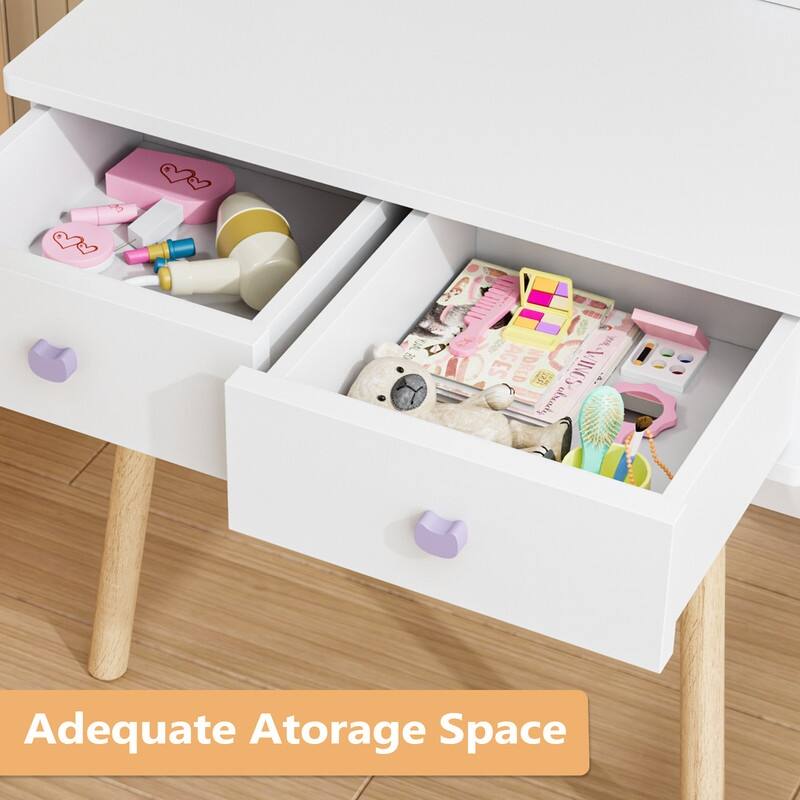 Kids Cat Mirror Vanity Makeup Dressing Table With 7 Pretend Play Accessories - N/A