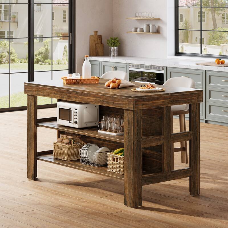 55.1-Inch Kitchen Island with Seating and Storage Shelves