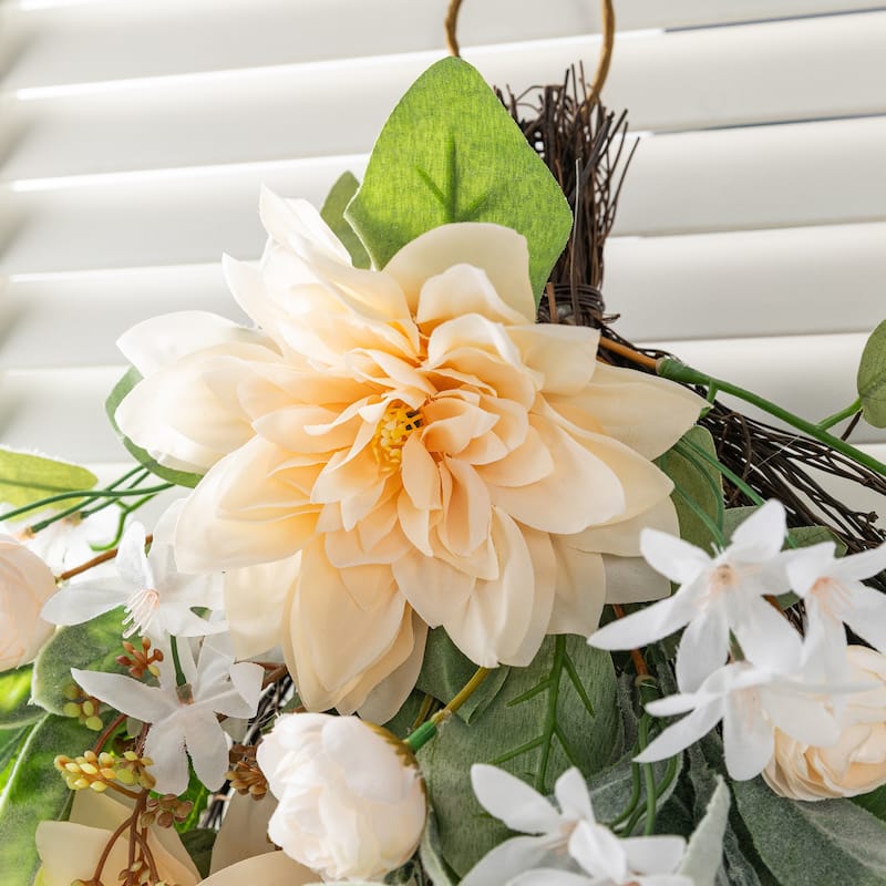 Glitzhome Peach Dahlia Floral Wreath Teardrop Garland