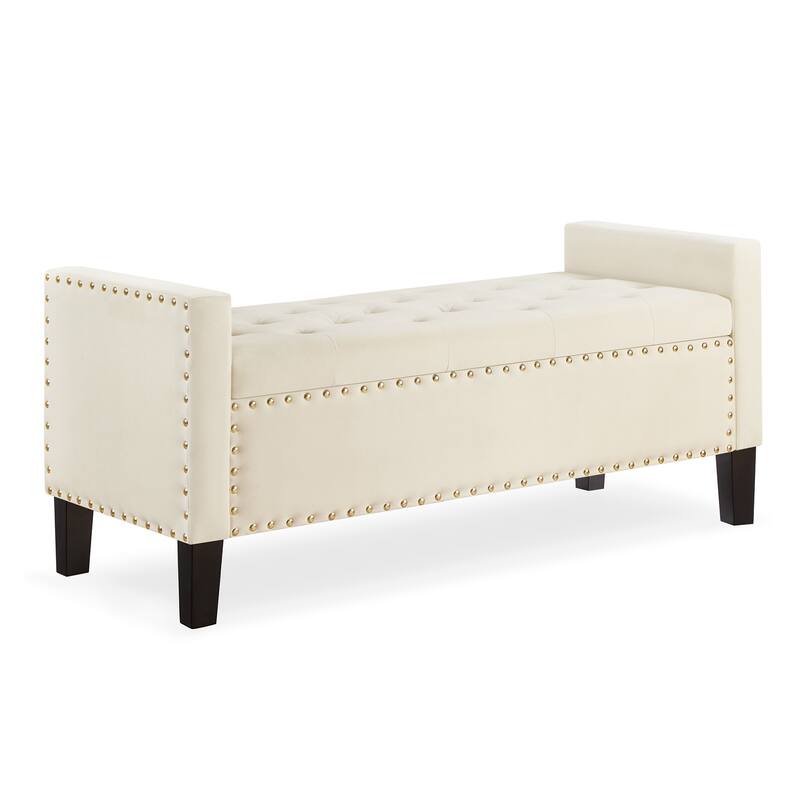 48"L Velvet Storage Bench, End Of Bed Upholstered Tufted Button Storage Bench With Nails Trim - Cream