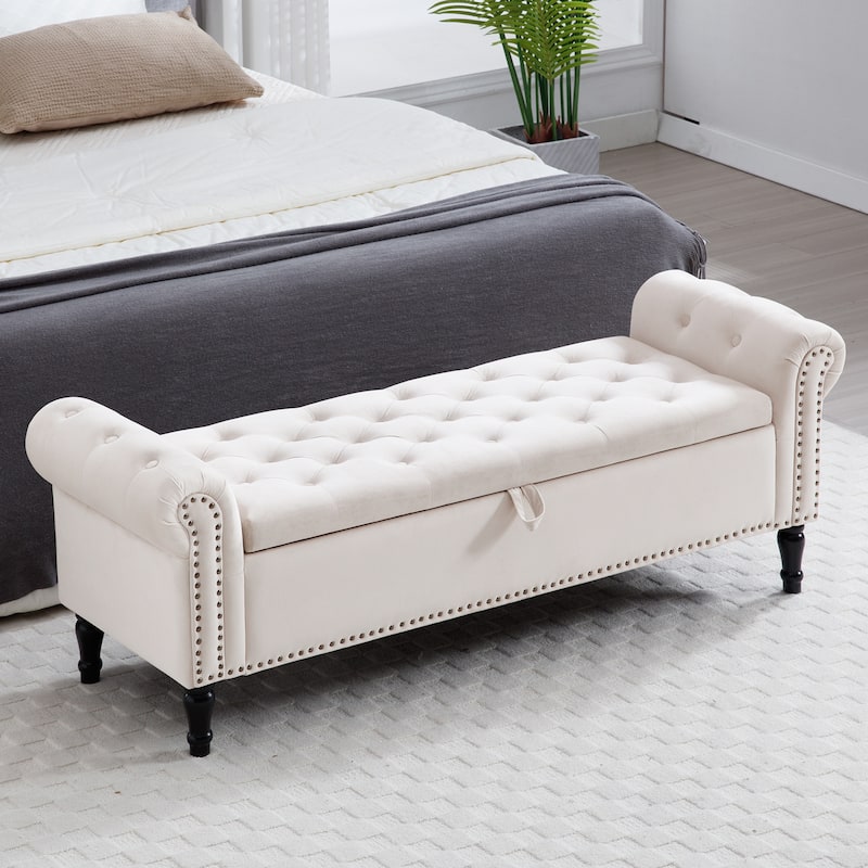 67" Velvet Tufted Storage Bench for Bedroom End of Bed with Roll Arms