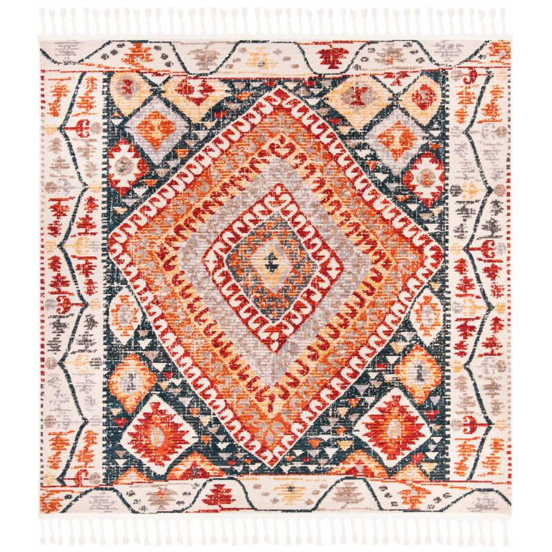 SAFAVIEH Farmhouse Ladeana Boho Tribal Polyester Rug - 6'3" Square - Ivory/Navy
