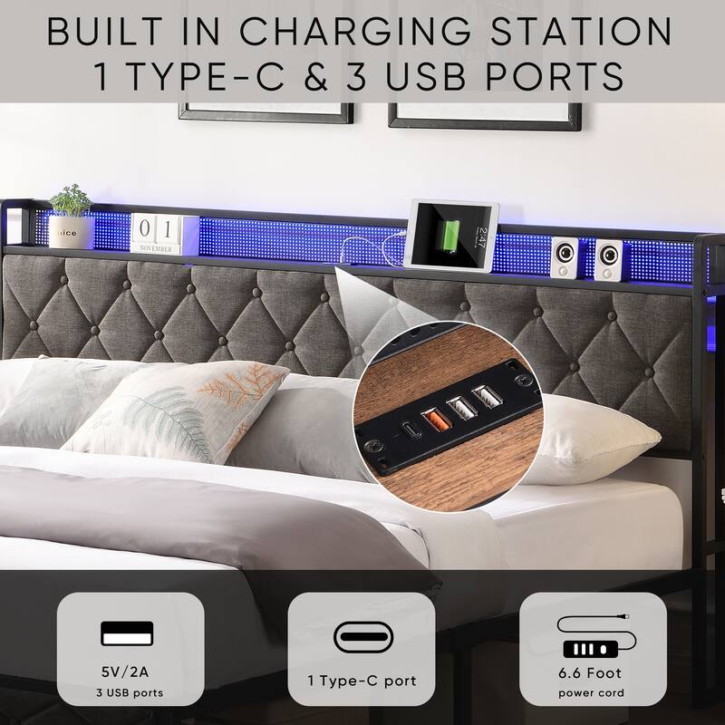 Grey Upholstered Full Bed Frame with Storage Headboard, USB Ports, and LED Lights