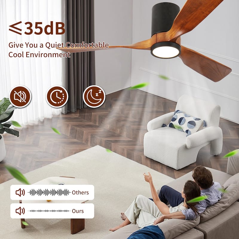 52 in. LED Indoor/Outdoor Flush Mount Matte Black Ceiling Fan with Wood Blades, 6-Speed DC Remote Control