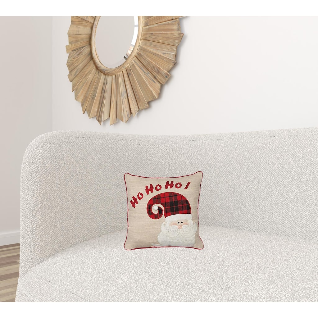 HomeRoots 13"x13" Beige and Red Christmas Hohoho Polyester Pillow