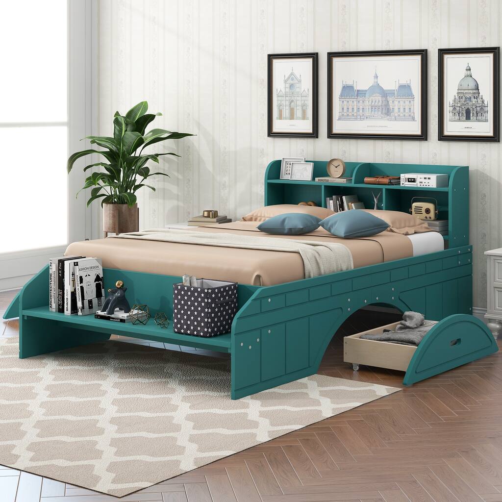 Kids Full Storage Bed with Bookcase Headboard, Full Size Platform Bed Frame with 2 Drawers, Wood Full Car Bed for Kids Teens