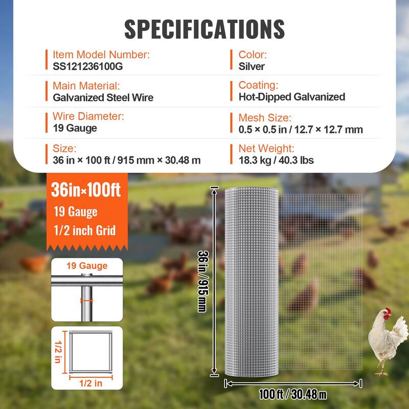 Hardware Cloth, Hot Dipped Galvanized Wire Mesh Roll, Chicken Wire Fencing, Wire Mesh for Rabbit Cages, Garden - Silver