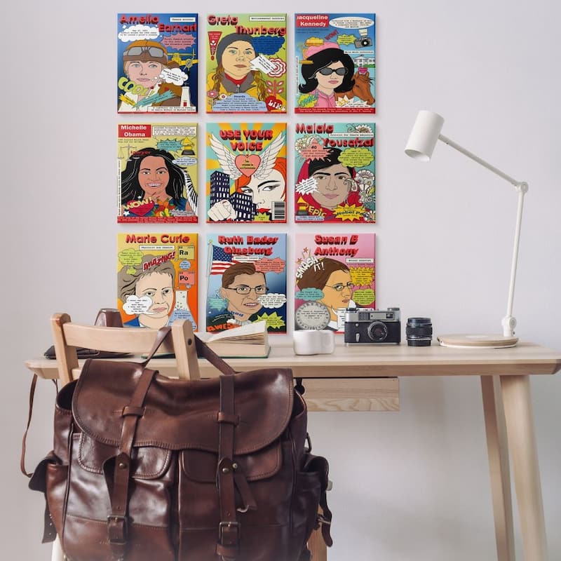 Stupell Female Leaders Mock Magazine Cover Iconic Women Facts 9 Piece Canvas Wall Art Set Design By Sangita Bachelet