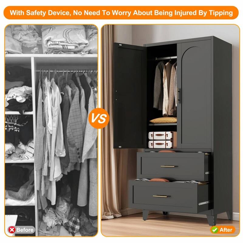 71" Tall Metal Wardrobe Cabinet with 2 Drawers, Hanging Rod, and 2 Doors, Wardrobe Closet with Shelf