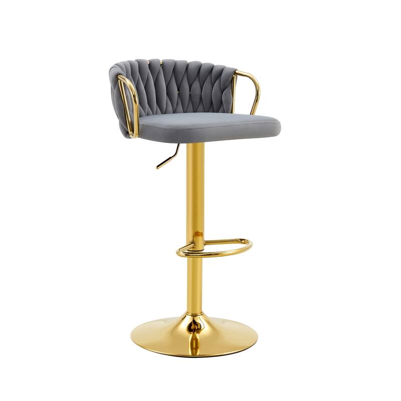 Set of 2 Modern Luxury Velvet Braided Bar Stool with Adjustable Height, Metal Base & Woven Rope Backrest