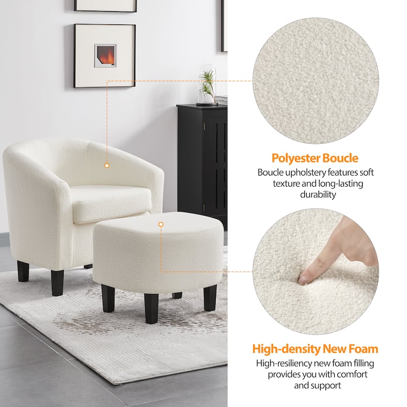 Yaheetech Contemporary Boucle Barrel Chair With Ottoman, Ivory - 28.15"x27.56"x25.39"