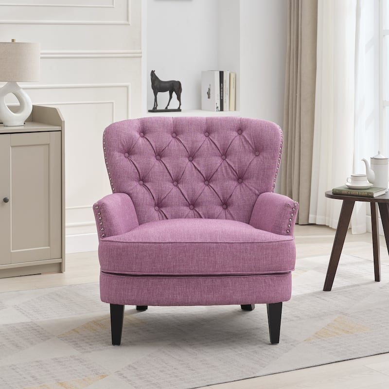 Vintage Upholstered Lounge Chair, Tufted Single Sofa Armchair with Nailhead Trim, Wood Legs, Curved Backrest for Bedroom, Office