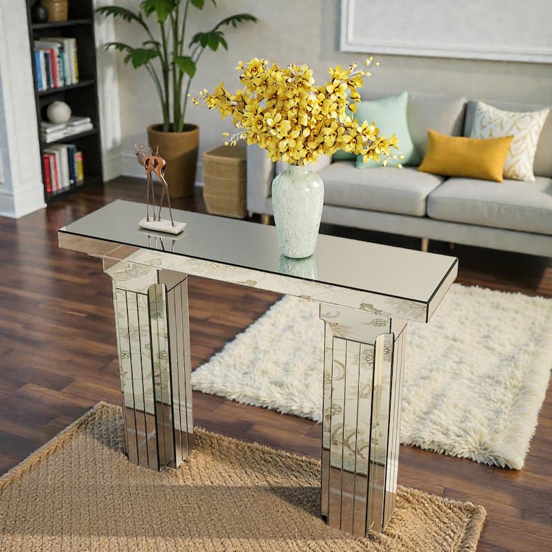 Silver Mirrored Console Table with Rectangular T-Base, Modern Entryway Table for Living Room & Hallway Decor