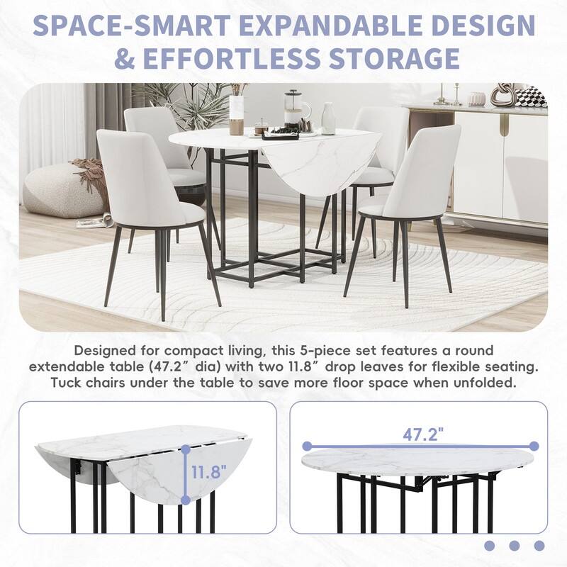 Space-Saving 5-Piece Extendable Kitchen Dining Table Set - Round Faux Marble Top with Black Frame,4 Upholstered Chairs