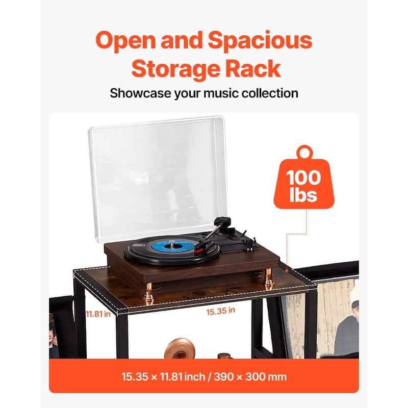 Black 3-Tier Metal Record Player Stand with Built in Power Strip and Oxford Fabric Bags - 49.21" x 11.81" x 29.13"