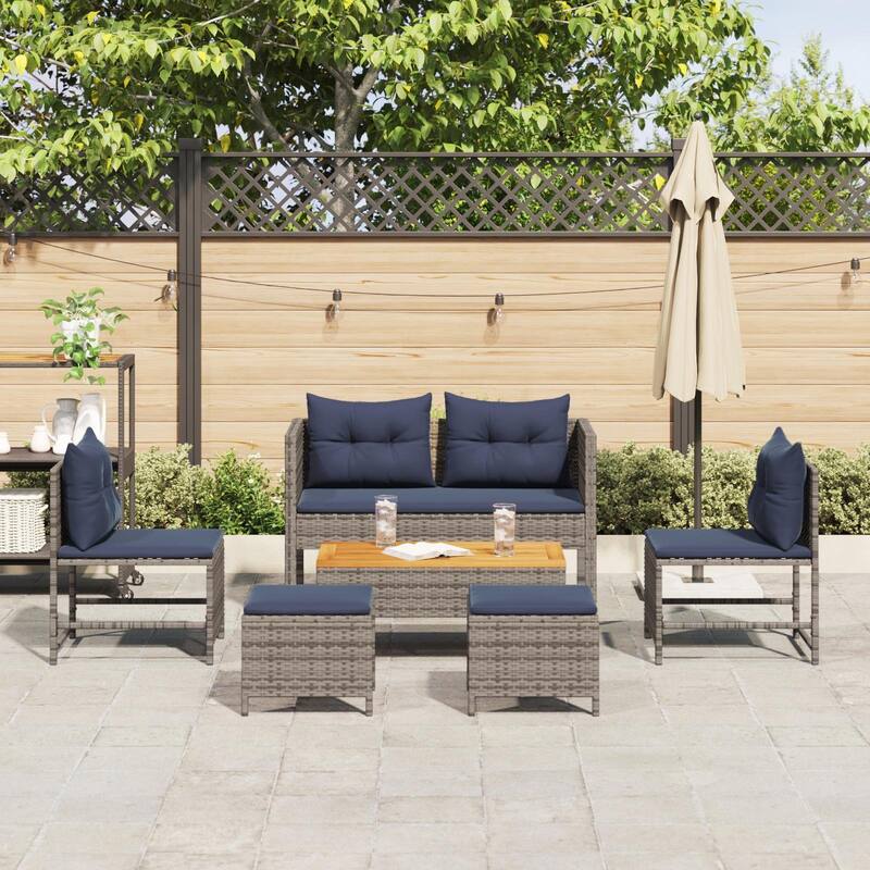 vidaXL Outdoor Sofa Set Grey and navy blue Rattan with metal frame - 44.5 x 21.7 x 27.6