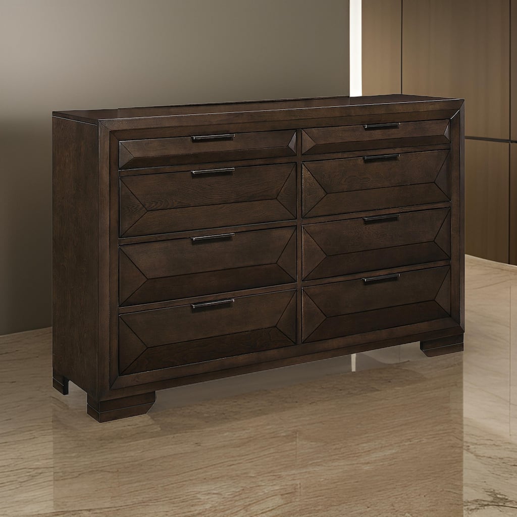 Amelie 59 Inch Dresser, 8 Drawers, Bronze Handles, Warm Espresso Brown Wood