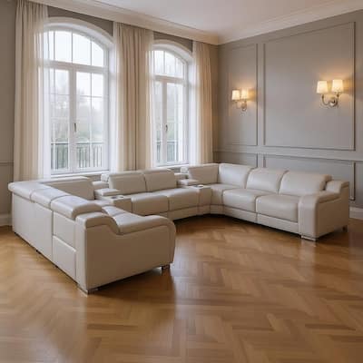 HomeRoots Light Gray Italian Leather Power Reclining U Shaped Ten Piece Corner Sectional With Console