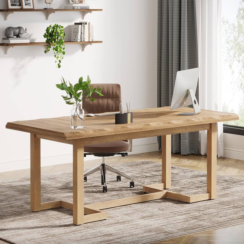 62.2-inch Wood Rectangular Computer Desk with Solid Wood Legs - Natural