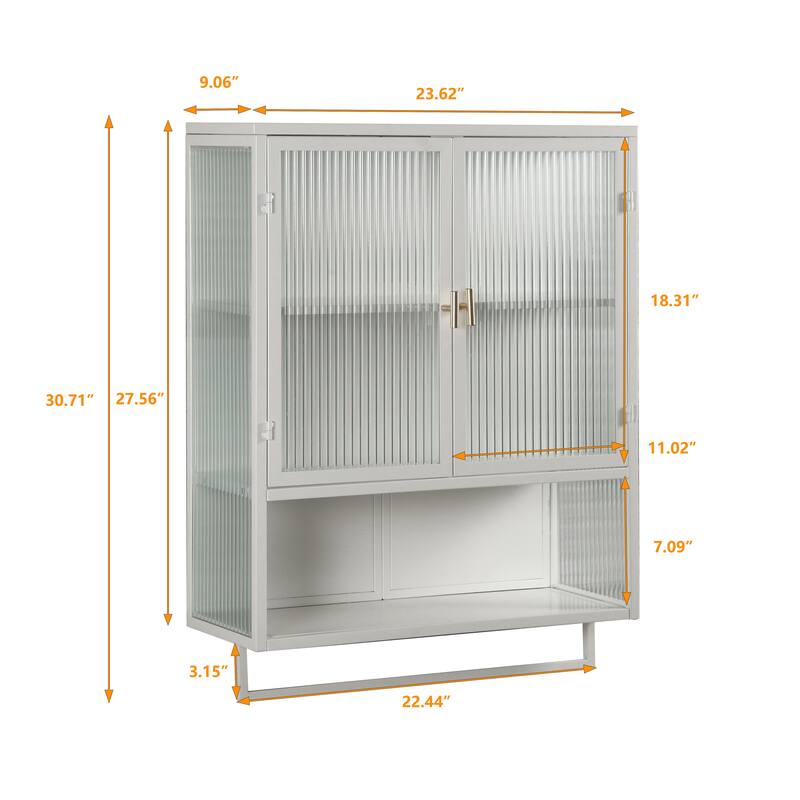 23.62" Glass Doors Modern 2-door Wall Cabinet with 2-tier Enclosed Storage, 1 Open Shelf, and Towel Rack
