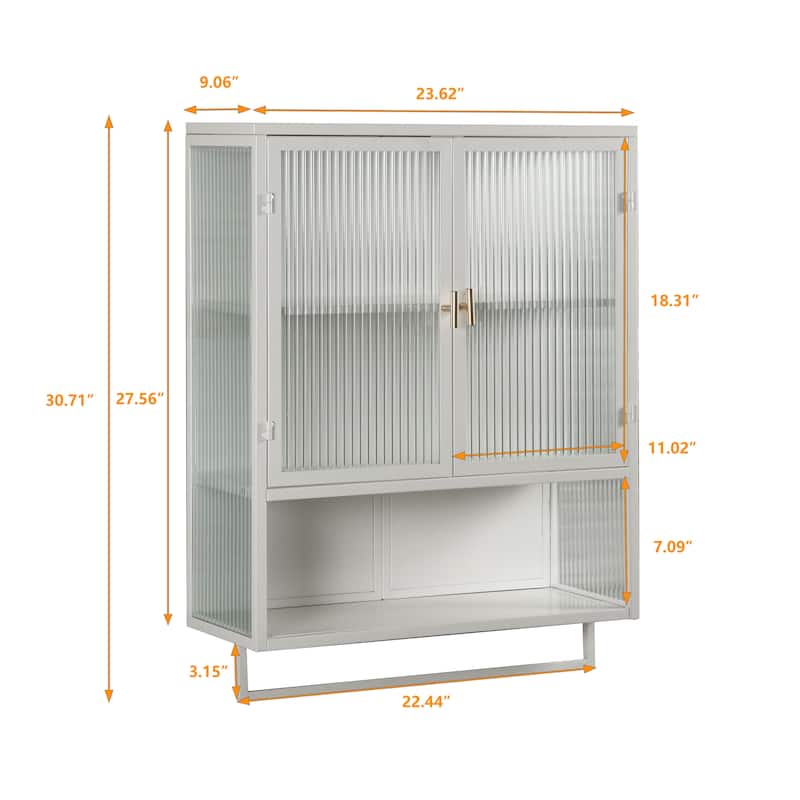Roomfitters Modern 23.62" Glass Door Wall Cabinet with Two-Tier Enclosed Storage, Open Shelf, and Towel Rack for Entryway