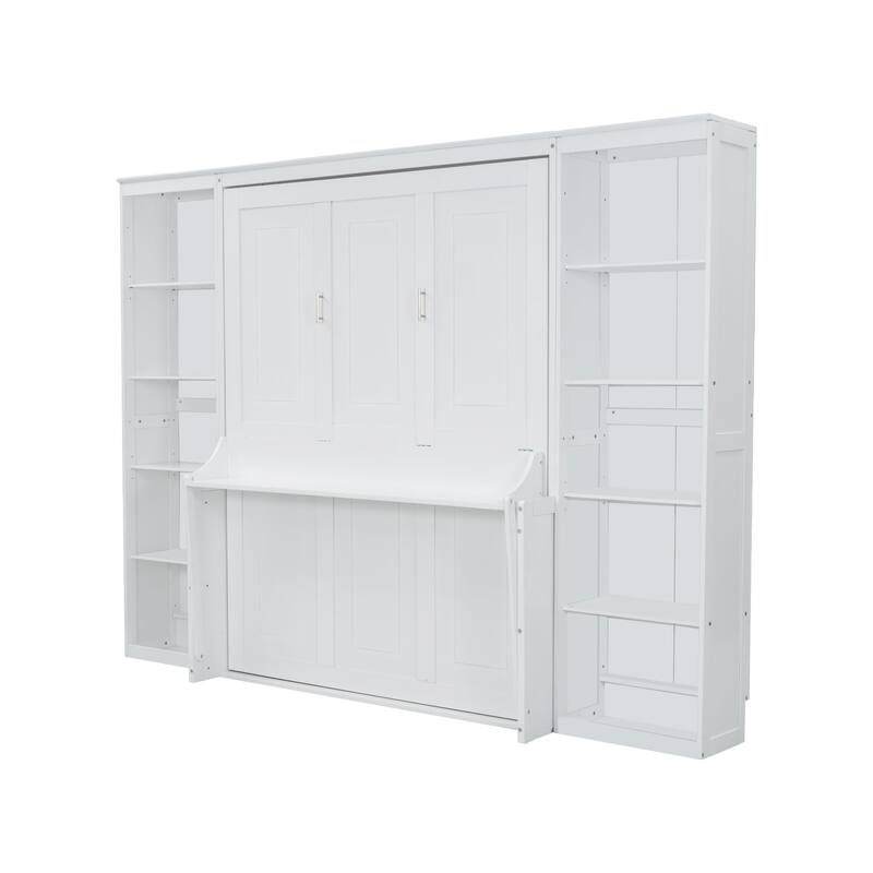 Full Size Murphy Bed with Desk, Bookshelf, and Storage, Space-Saving Design, White Finish