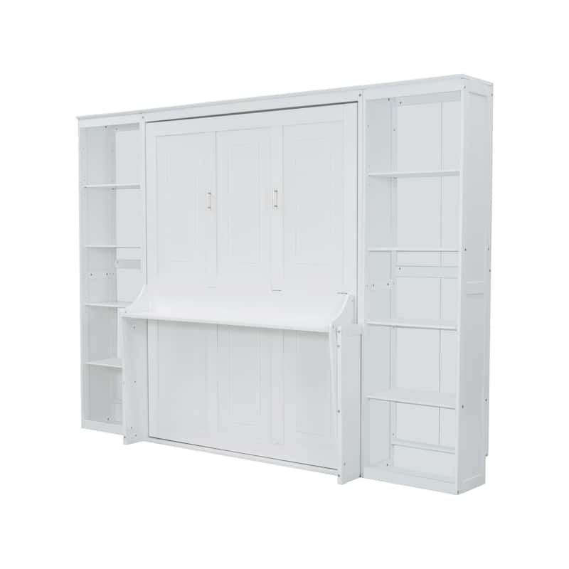 Queen Size Solid Wood Murphy Bed with Convertible Desk, Bookshelves and 600lb Capacity