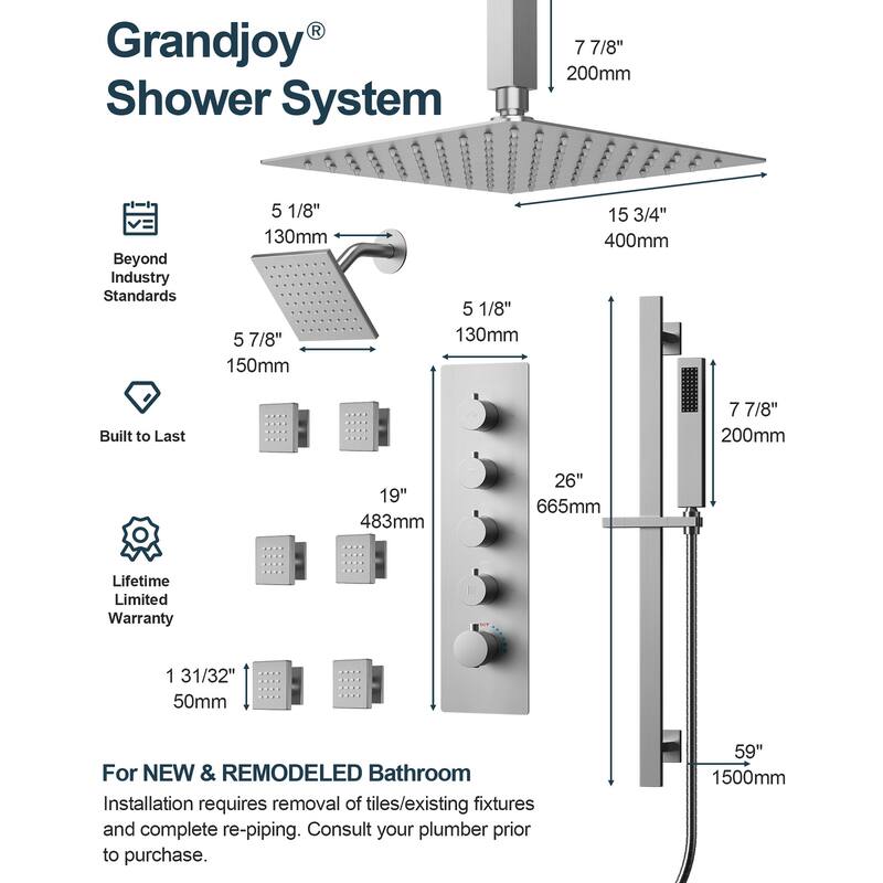 GRANDJOY Dual Shower Heads 16" Rainfall Shower System with 2-Handle Bathroom Sink Faucet Combo Set