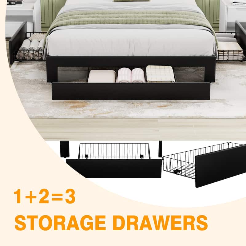 VECELO Bed Frame with Storage Drawers Leather Upholstered with Diamond Tufted Headboard Solid Wood Slat Support