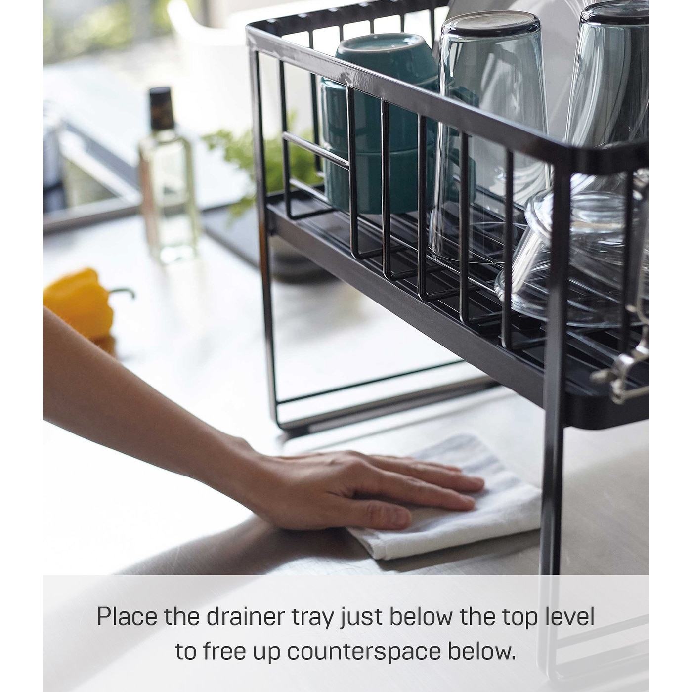 Yamazaki Home Two Tier Wire Dish Rack Steel Holds 28.6 lbs Adjustable L 8.66 x W 16.14 x H 12.99 inches