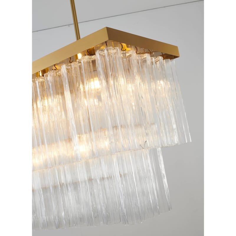 14-Light Satin Brass Metal Chandelier With Clear Ribbed Glass
