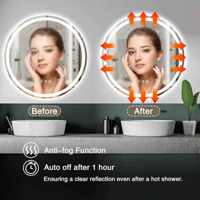 Round LED Bathroom Mirror Frameless Wall Mounted LED Bathroom Vanity Mirror Dimmable Anti-Fog 3 Colors LED Makeup Mirror