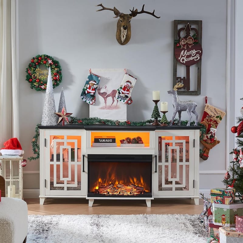 Farmhouse 3-Sided Glass Fireplace TV Stand for 75" TV, Media Console