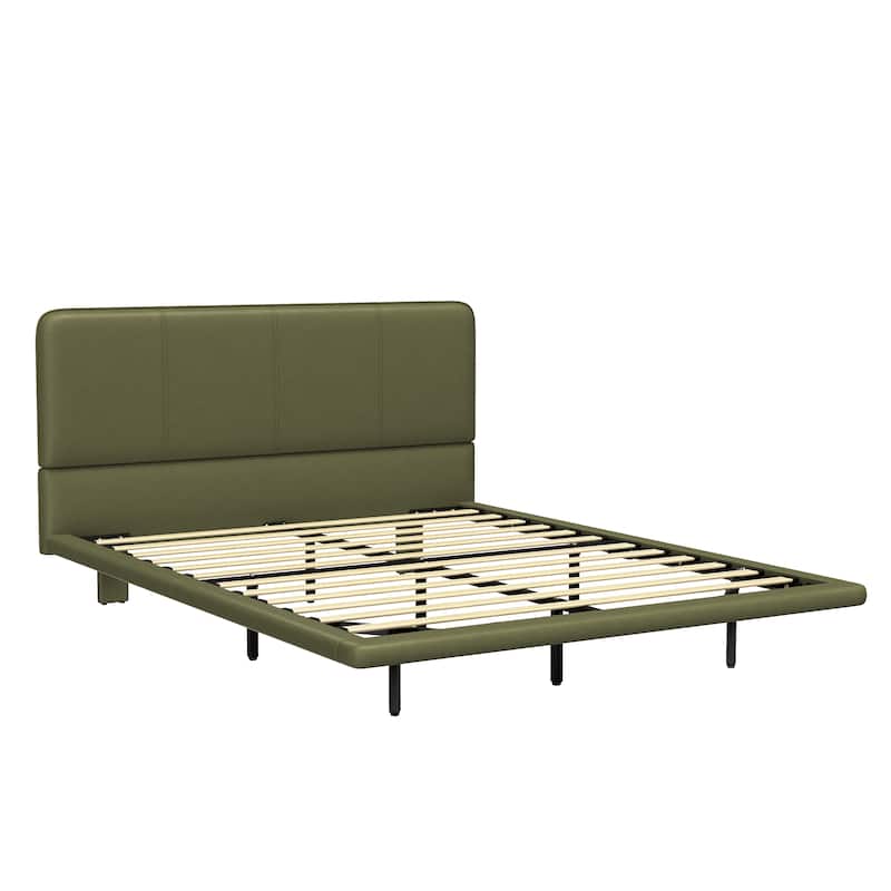 Floating Bed Frame with LED Light, Modern PU Leather Platform Bed, No Boxing Spring Needed, Assemble Easily, Full Size