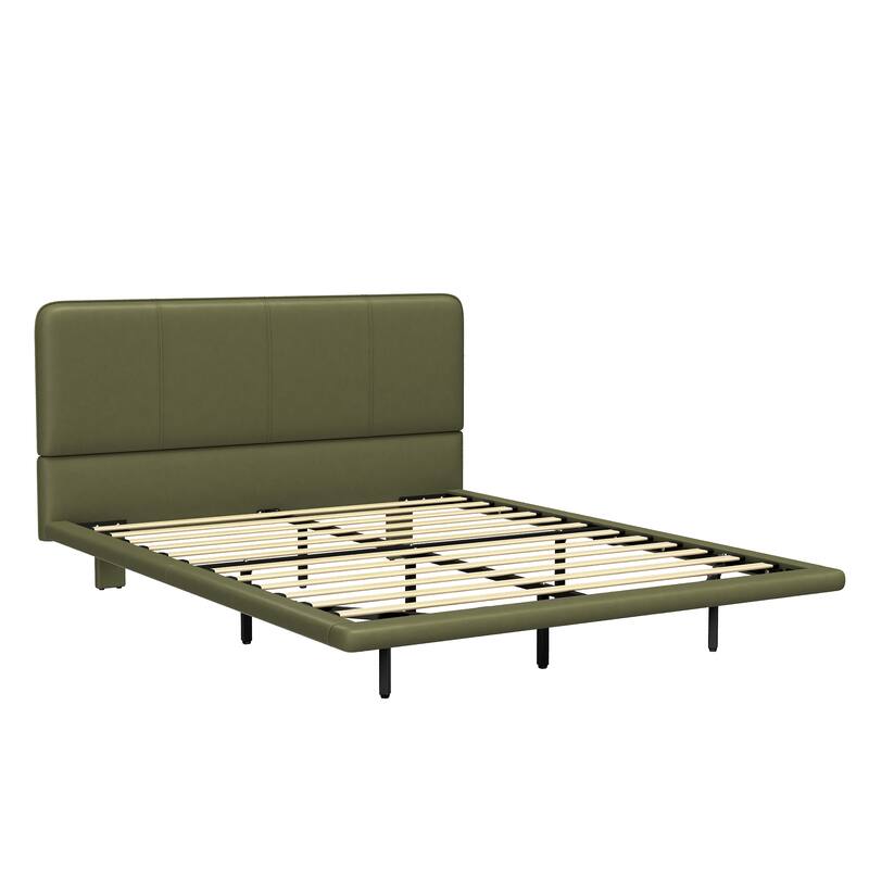 Modern Floating Bed Frame with LED Lights, PU Leather Platform Bed, Full Size, Easy Assembly, No Boxing Spring Needed
