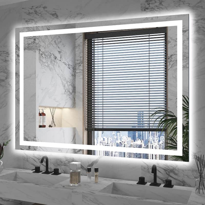 Extra Large LED Bathroom Mirror Anti-Fog Tempered Wall Vanity Mirror with Double Light Strip, Dimmable, UL-Listed